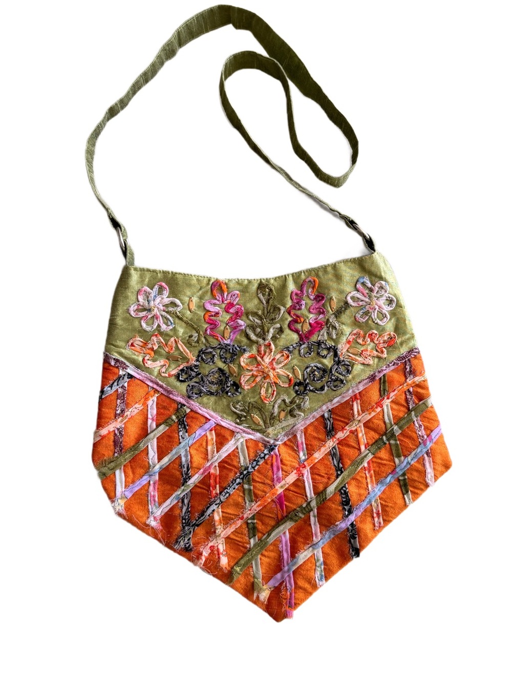 Embroidered Orange & Olive Crossbody Bag